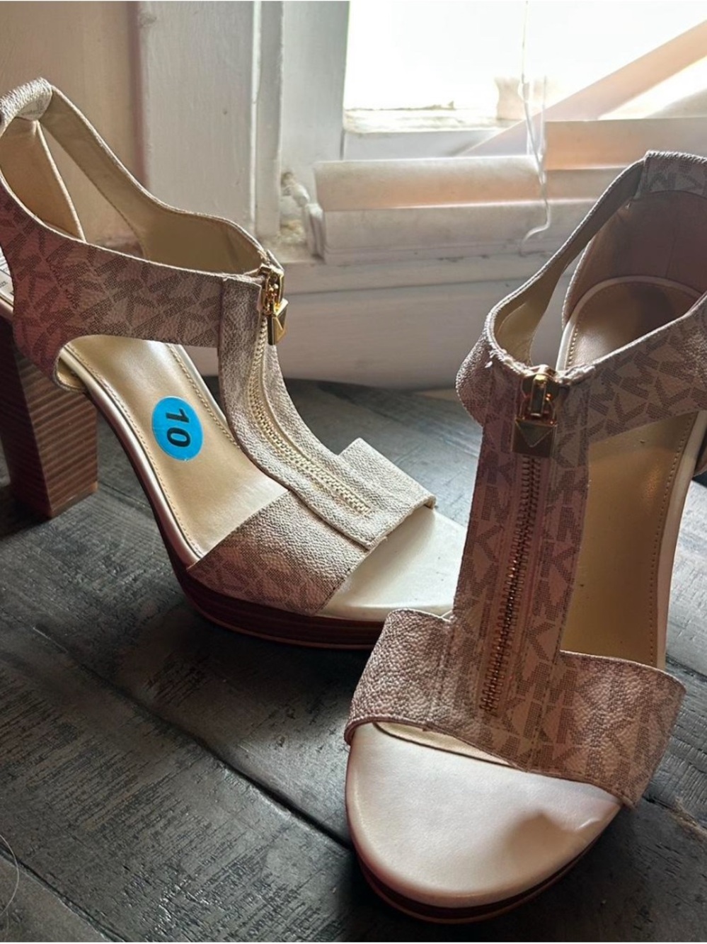 MK Tan Patterned T-Strap High Heel- Size 10
